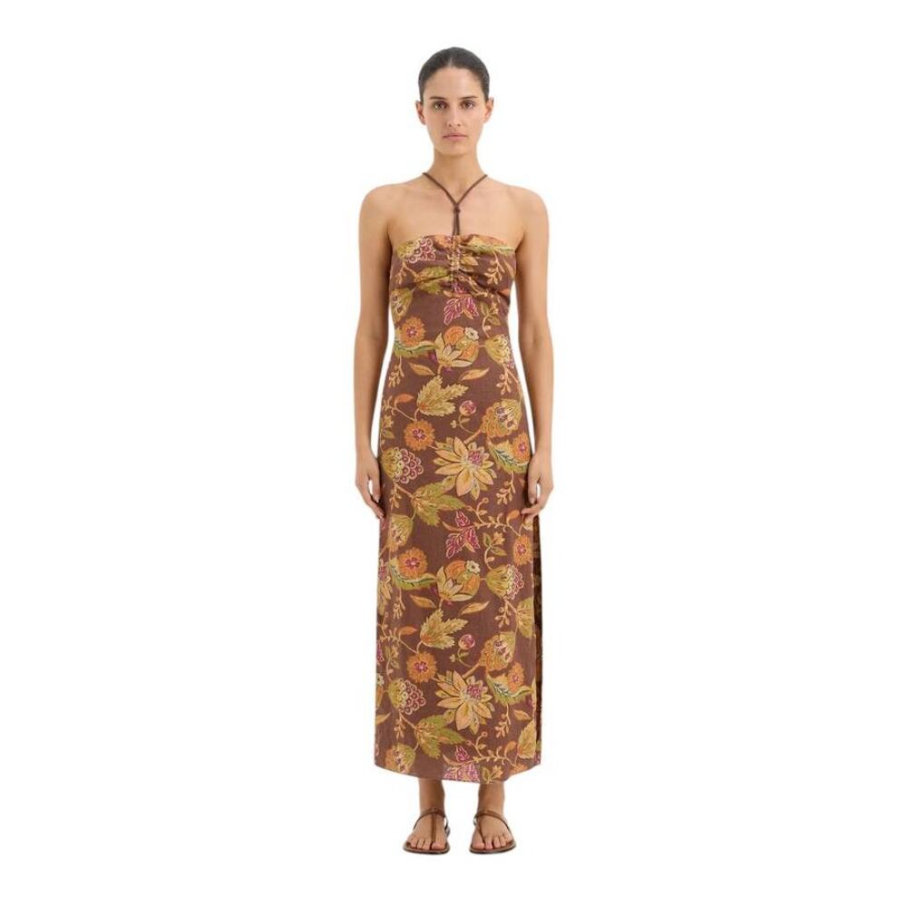 Strapless Brown Floral Midi Dress